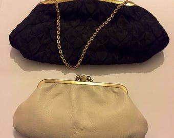 black cream clutch bag