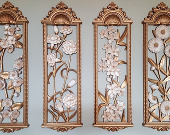 Vintage Syroco Floral Hollywood Regency Gold Wall Art Decorative Wall hanging Set of Four Plastic Panels