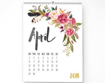 2018 Monthly Wall Calendar, 11x14, Wall Calendar, Watercolor Flower Gifts for Her (cal0001)