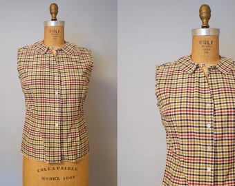 1950s Plaid Print Blouse / Fitted Plaid Shirt
