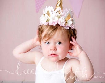Pink + Ivory || Unicrown Headband || 100% Merino Wool Felt Flowers + Satin Ruffle || Unicorn Crown
