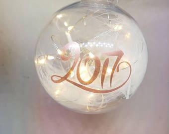 2017 personalised bauble with feathers and lights, shatterproof decoration, hanging ornament, rose gold font, feather in bauble, decoration