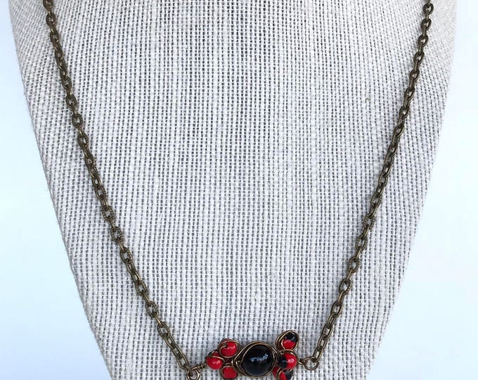 Huayruro Necklace, Andean Necklace, Red and Black necklace, Brass huayruro necklace