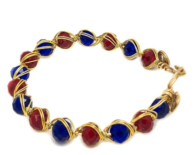 Wire wrapping bracelet, Wire wrapping jewelry, red and blue bracelet, wire blue and red, wrap bracelet, wire gold blue and red bracelet