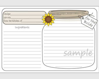 DIY Printable Mason Jar Recipe Cards for the Bride with Sunflower - 4x6 size
