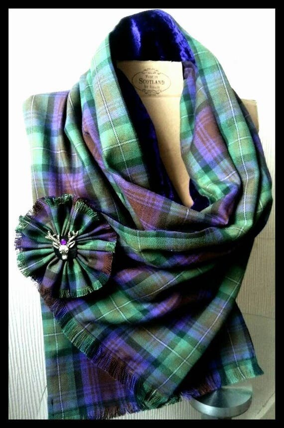 Outlander Scottish scarf wrap with fabric plaid brooch purple