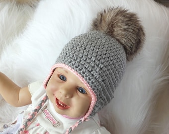 Gray Baby girl hat with fur Pom pom - Baby earflap hat - Crochet baby hat - Newborn girl hat - Faux fur pompom - Baby winter hat - baby gift