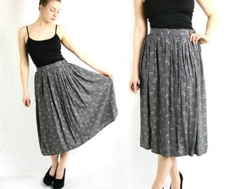 Vintage 80's 90's Black White Dot Cherry Print High Waist Skirt Midi - Medium