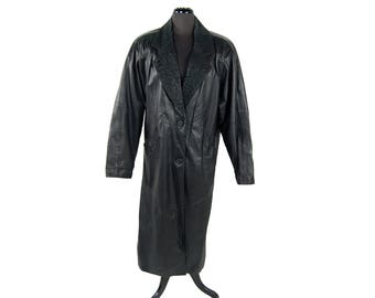 Vintage 1980s Global Identity Long Black Leather Coat / Duster with Embossed Suede Trim (Size Medium)