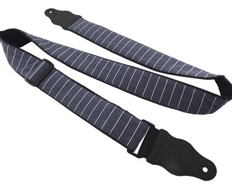 Grey guitar strap with white stripes. Gentlemen style. Ideal present for musician, guitarist. Elegant music instrument accessory.