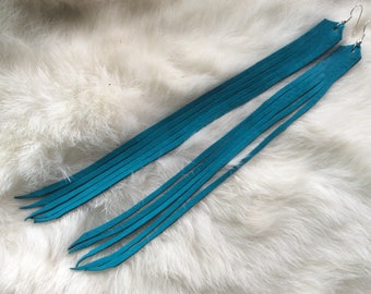 Long Fringed Leather Earrings, Turquoise Deer Hide Earrings, Deerskin Fringe Earrings, Made in Canada