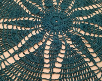 Hand Crocheted Emerald Teal Green Doily 16'' #t3