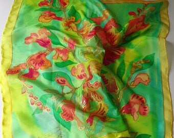 Painted cherries Silk scarf Hand painted square scarf Cherry silks scarf Summer Red Cherries Unique design Gift for her Women accessory