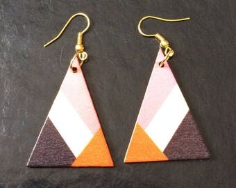 Earrings, triangles, in wood, geometric pattern