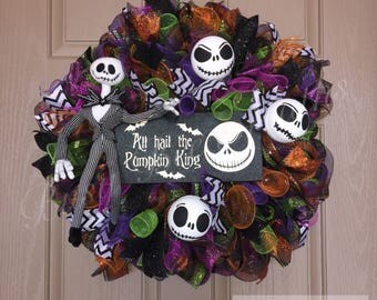 Nightmare Before Christmas wreath. Halloween wreath. Jack the Skeleton wreath. Spooky wreath. Pumpkin wreath. Jack & Sally. Pumpkin King.