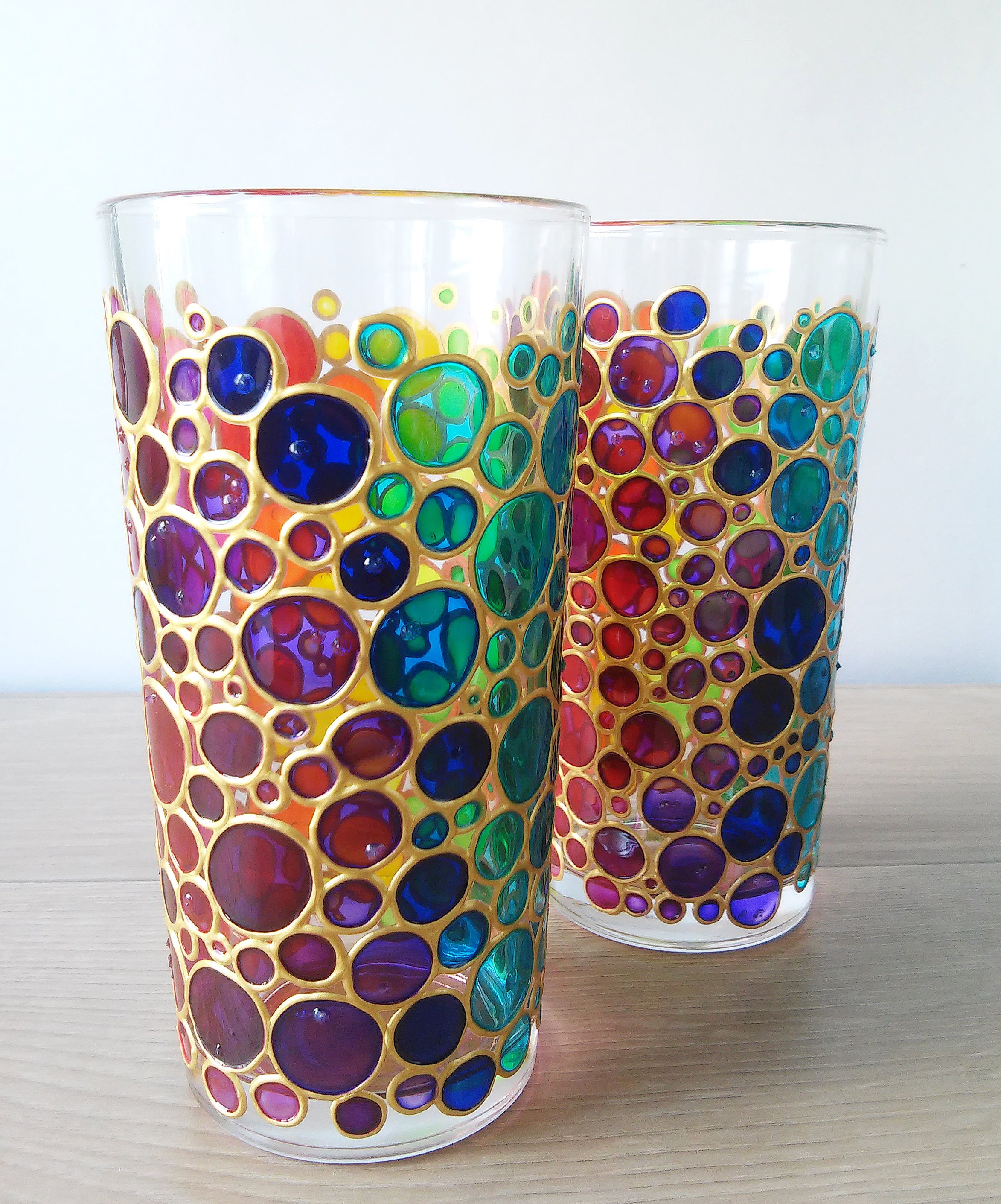 Rainbow Water Glasses Couple Tumblers Multi Coloured Bubbles