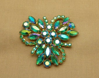 Huge Green Aurora Borealis Pin, Green Rhinestone Pin, Green AB Pin, Vintage Green AB Brooch