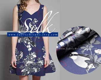Dark Purple Silk Bird fabric 118x115cm achat tissu asiatique