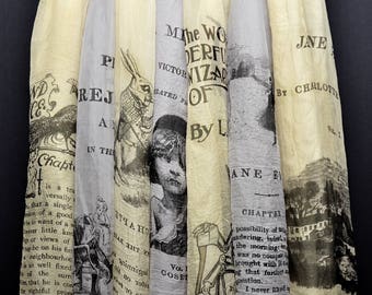 Light Chiffon BOOK scarf, Alice in Wonderland, Pride and Prejudice, Jane Eyre, Raven, Wizard of OZ, Les Miserables, Hamlet, Sherlock Holmes