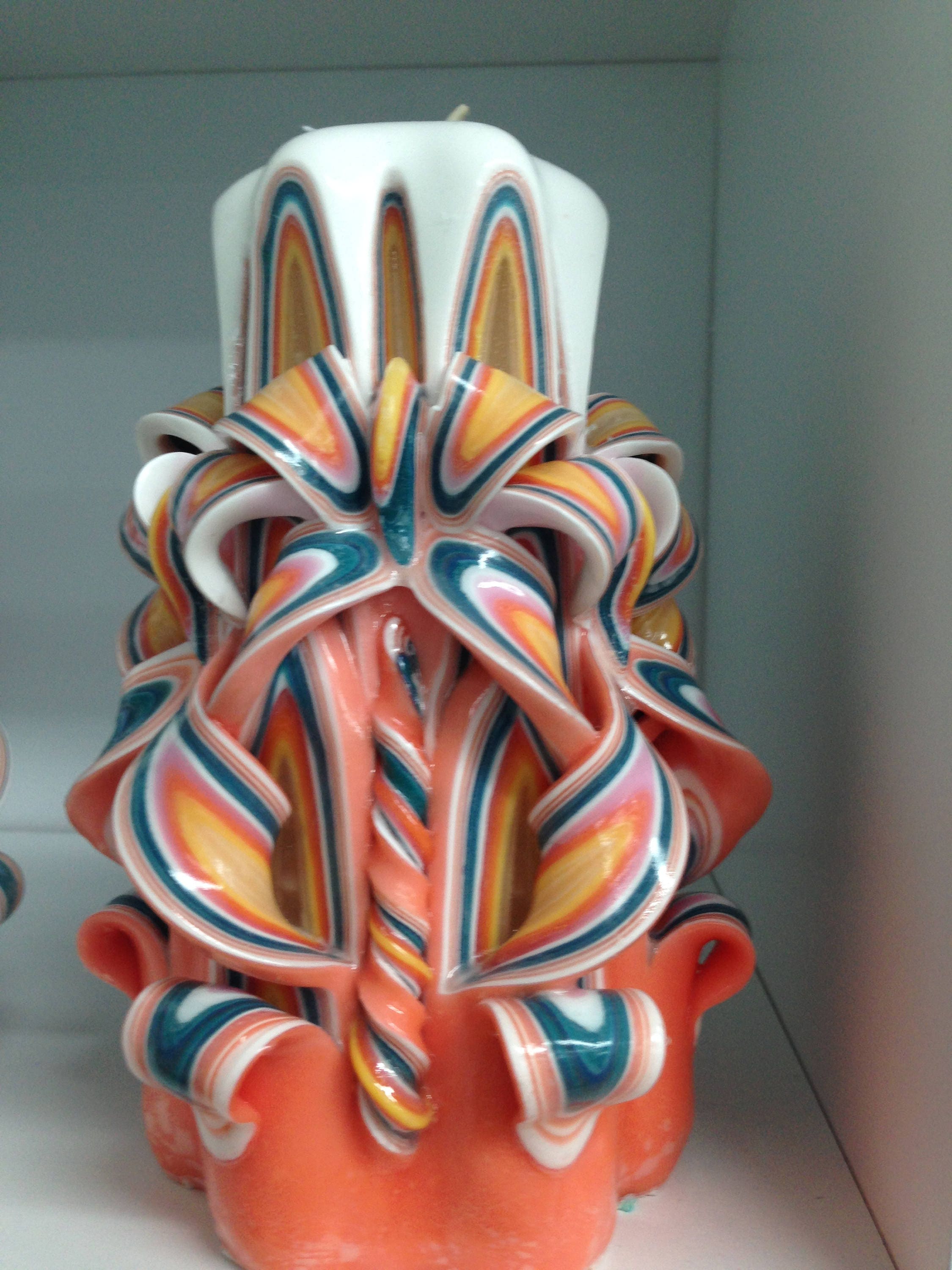 Carved Candle Ribbon Candle Teal orange pink color pattern