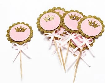 12 Princess Cupcake Toppers, 1st Birthday Party, Gold, Pink, Bachelorette Party Picks, Party Picks, Cupcake Toppers, Princess Decor, Crown