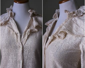 1970s/1980s Creme Lace High Neck Ruffle Blouse