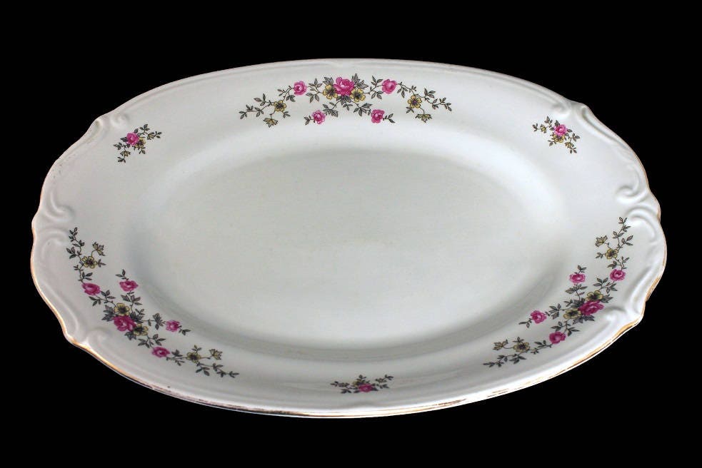 Oval Platter, Chodziez Poland China, Linda Pattern, Pink Roses, Embossed, Serving Platter, Gold