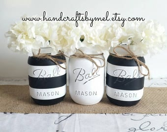 Set of 3 Black&White Distressed Mason Jars, Shabby Chic Home Decor, Wedding Center Pieces, Wedding Decor,Flower Vases, Party Centerpieces