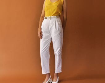 90s White Trousers, Vintage White Pants, Minimal Trousers, High Waist Pants, Tapered Leg Pants, Cotton Pants, Womens Summer Pants Size 2