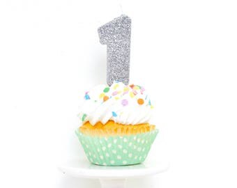 3" or 5" Number 1 Candle, Giant 1 Candle, Large Silver Candle, Silver Birthday, Giant Glitter Candle, Silver Party Decor, Silver Glitter