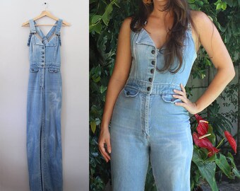 1970s Denim Jumpsuit / Vintage 70s Zip Front Faded Jumpsuit / S