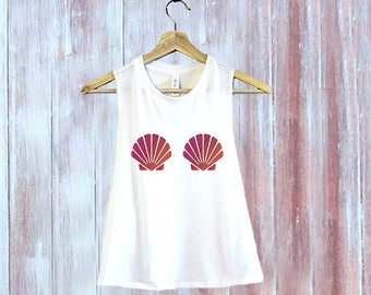 Seashell Mermaid Crop Top-Seashell Crop Top-Mermaid Cropped Shirt-Loose Workout Crop Top