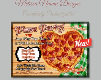 Pizza Party Invitation, Personalized Party Invite, Housewarming, Birthday, Game Day Party, Heart Shaped Pizza, Pizza Love, DIGITAL FILE, Art