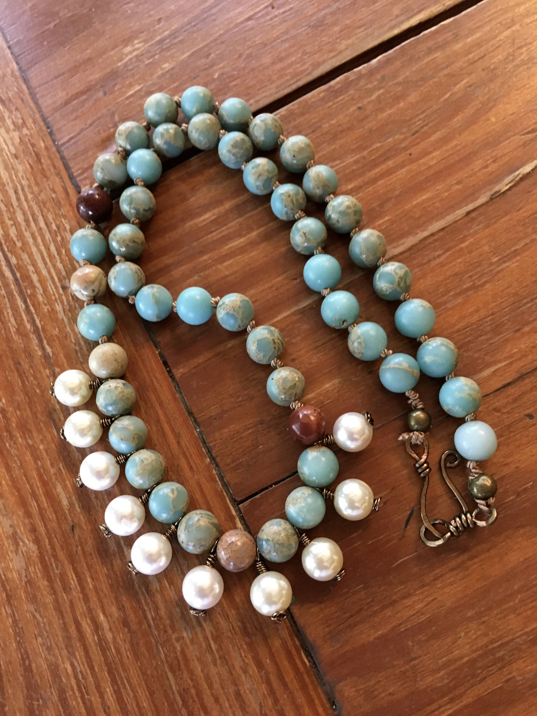 Aqua Terra Jasper beads with Swarovski Pearl Drops hand