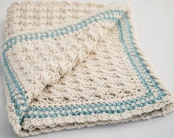 Blue & White Baby Blanket - Small Crochet Car Seat Cover in Sea Blue and Linen - Off White Receiving Blanket - Baby Shower Gift - Crib Cover