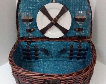 Vintage Picnic Plus Wicker Dishes Glasses Silverware for Two Picnic Basket