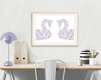 Swans Floral Nursery Print, Swan Nursery Decor, Watercolor, Children's wall art Pastel Flowers Nursery art, princess, swan poster lilac girl