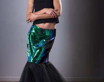 Mermaid Skirt, Mermaid Scales, Formal Mermaid, Blue & Green Mermaid, Mermaid sequins, Formal skirt, Black Tulle Two-Tone Skirt, maxi skirt