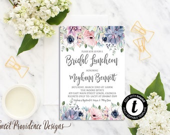 Bridal Luncheon Invitation, Succulent Floral Bridal Shower Invitation, Watercolor Invitation, EDITABLE Instant Download, Templett