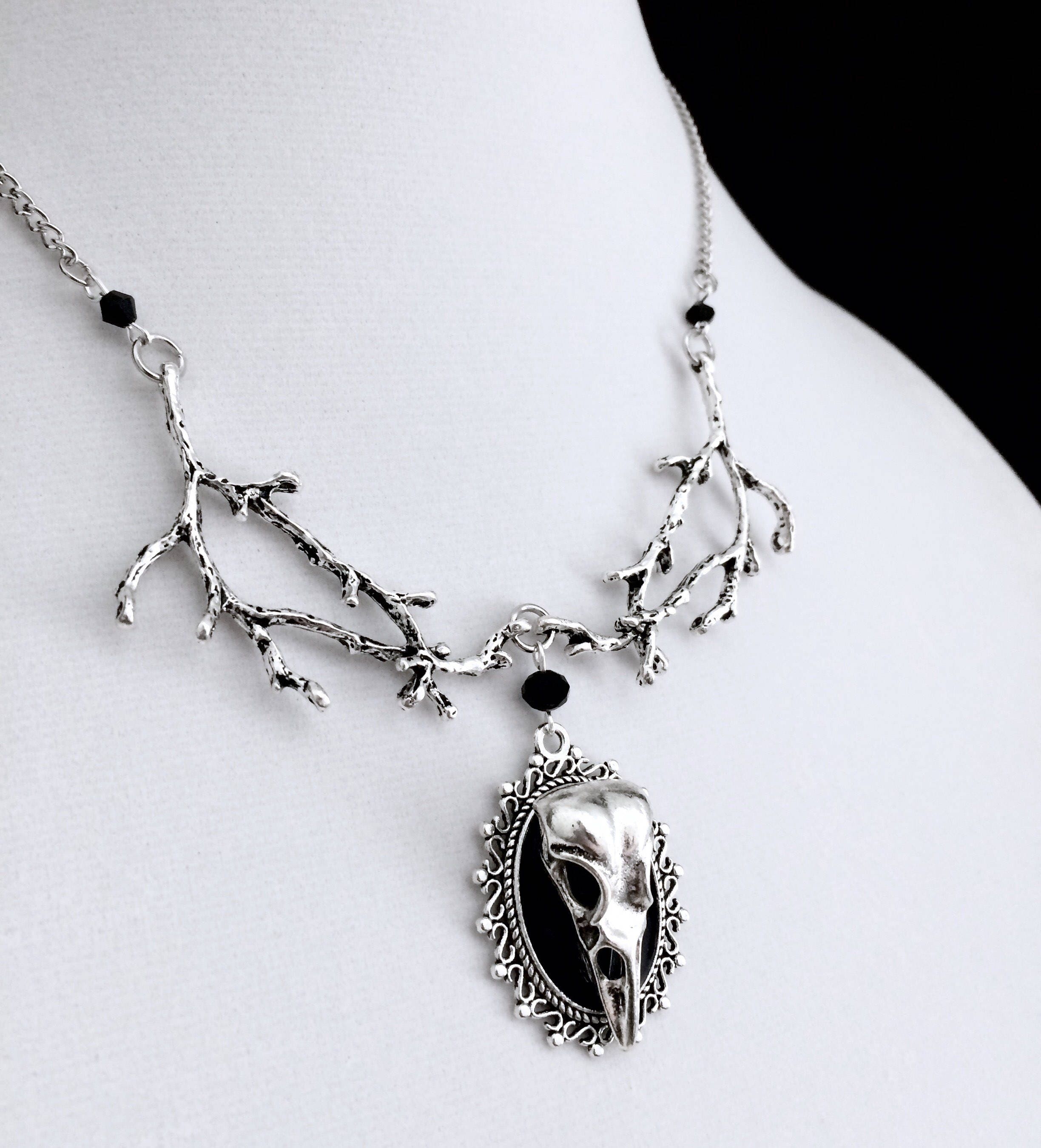 Raven Necklace Branch Necklace Gothic Cameo Raven Skull