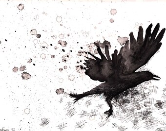 ink wash raven sketchy crow bird drawing wing lavender illustration print escape acrylic flying lines hand wall etsy