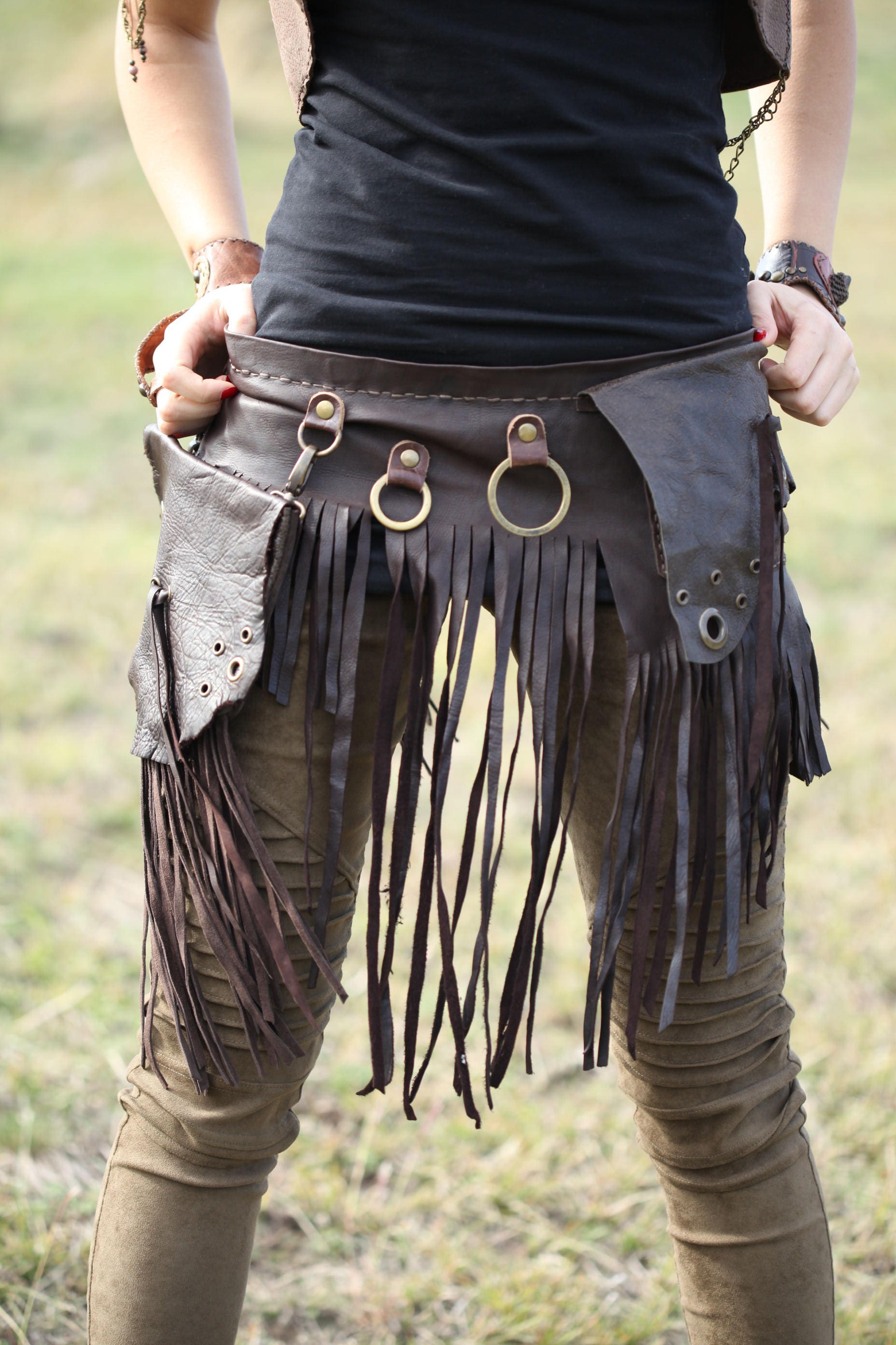 Utility Leather Hip Belt Dark Brown Fringe Pocket Belt