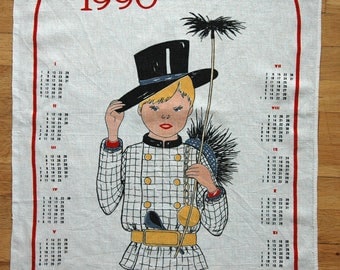 1990 Kitchen Towel - Calendar Dish Towel - Vintage Dish Towel - Vintage Tea Towel - Cotton Linen Tea Towel - Retro Towel