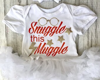 Snuggle this Muggle Harry Potter Themed White tutu romper with bow headband, Baby Girl, Halloween Costume, Princess, Cute, Magic, Gold Love
