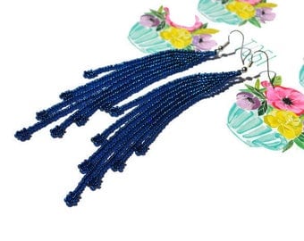 Denim blue tassel earring Jeans street style earring Dark blue seed bead earring Extra long dangle earring Long fringe earring