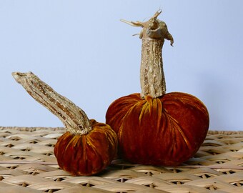 Set of 2 Golden-Orange Plush Velvet Pumpkins