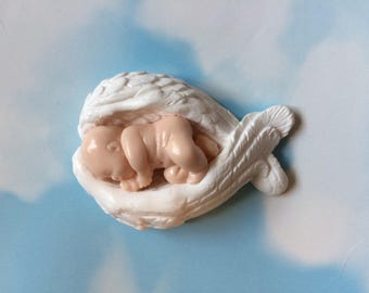 Baby Ornament Sleeping Soundly, Encased in White Wings. Miscarriage and Infant Loss Keepsake - Fair Skin