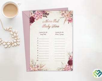 Baby Shower Name That Tune Game Name That Baby Tune Guess The Name Of The Songs Printable Baby Shower Song Game Rose Gold Burgundy Card