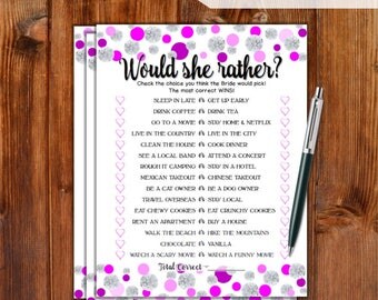 Would She Rather Bridal Shower Game - Fuchsia Dots & Diamonds Printable Bridal Shower Game - Bachelorette Party Night Hen Party Game DD79-FS