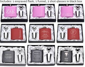 Personalized Engraved Flasks - Groomsmen Box - Bridesmaid Proposal Box~One 6oz flask, a funnel & two shot glasses in Black Box